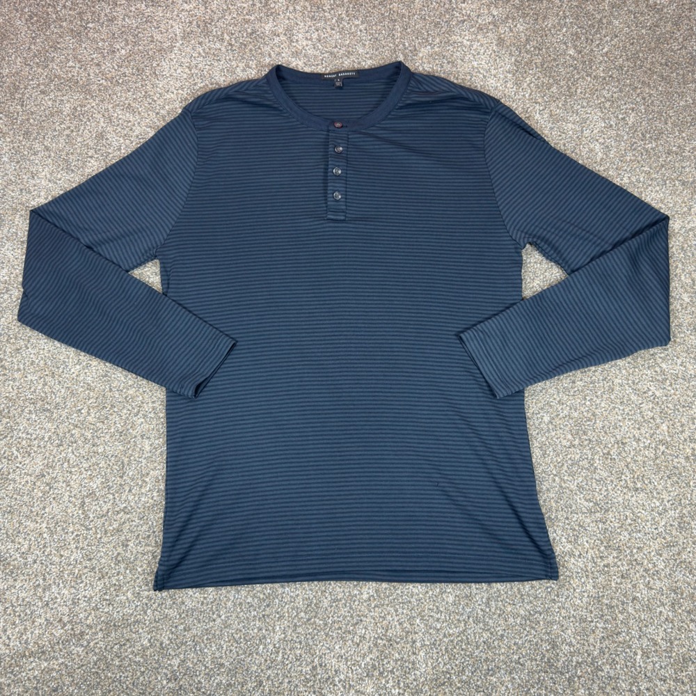 Robert Barakett Mens Long Sleeve Henley Shirt Striped Blue Grey Cotton Modal L